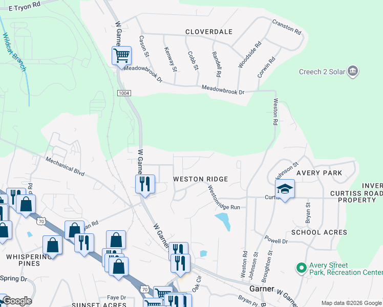 map of restaurants, bars, coffee shops, grocery stores, and more near 121 Quiet Refuge Lane in Garner