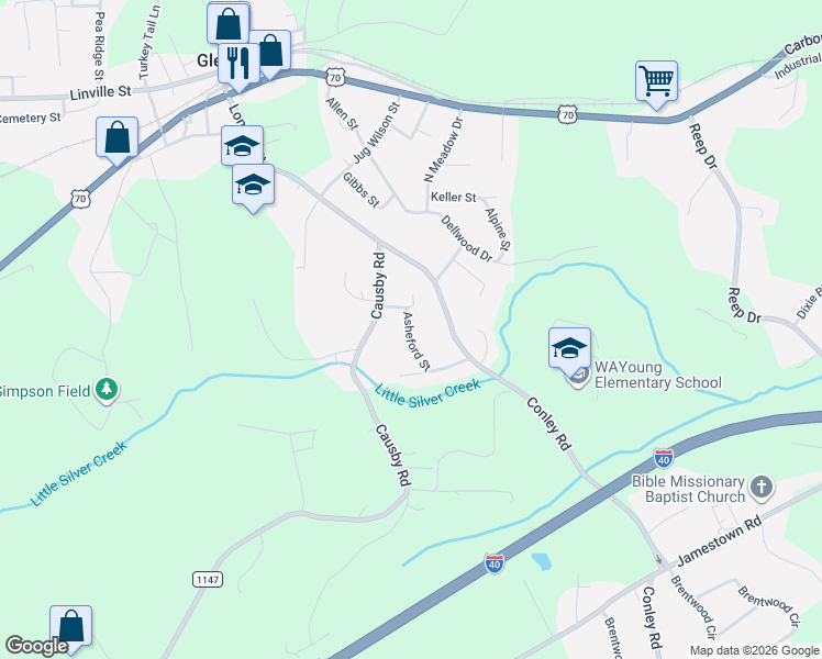 map of restaurants, bars, coffee shops, grocery stores, and more near 103 Hamp Street in Morganton