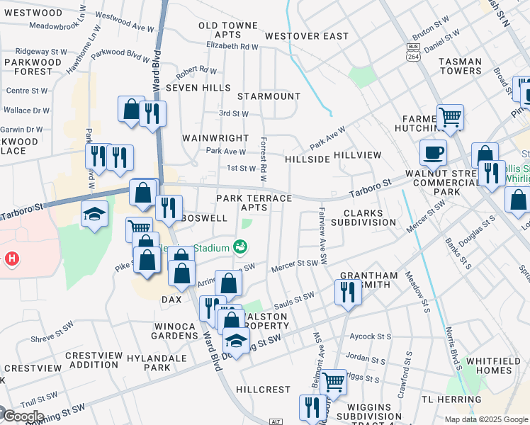 map of restaurants, bars, coffee shops, grocery stores, and more near 1007 Tarboro Street Southwest in Wilson