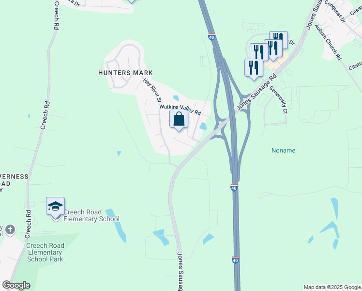 map of restaurants, bars, coffee shops, grocery stores, and more near 4634 Jones Sausage Road in Garner