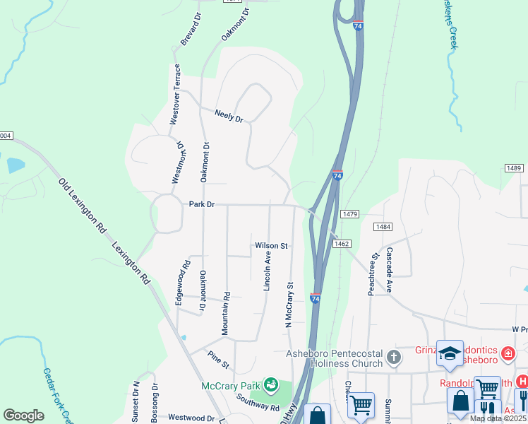 map of restaurants, bars, coffee shops, grocery stores, and more near 1110 Park Drive in Asheboro