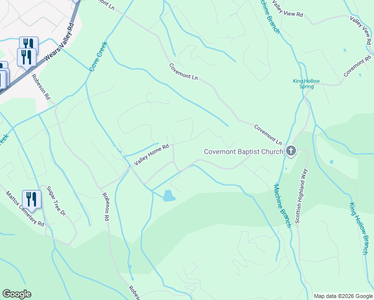 map of restaurants, bars, coffee shops, grocery stores, and more near 3159 Valley Home Road in Pigeon Forge