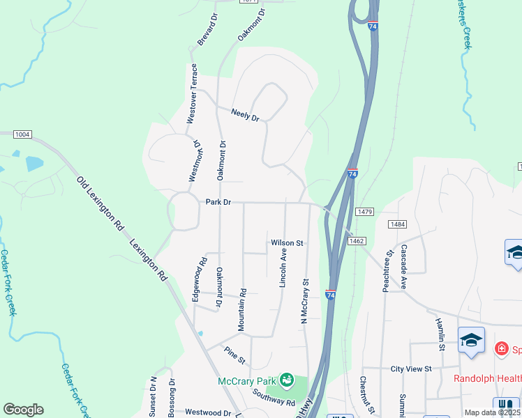 map of restaurants, bars, coffee shops, grocery stores, and more near 1146 Park Drive in Asheboro