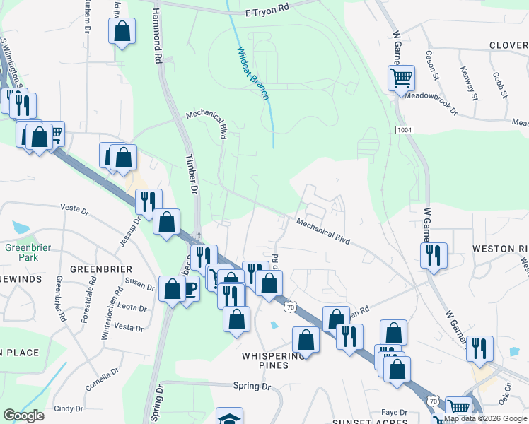 map of restaurants, bars, coffee shops, grocery stores, and more near 1511 Mechanical Boulevard in Garner