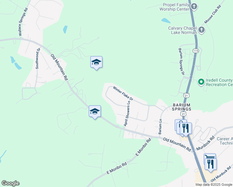 map of restaurants, bars, coffee shops, grocery stores, and more near 191 Winter Flake Drive in Statesville