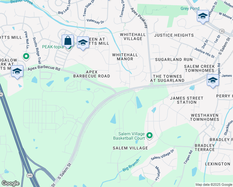 map of restaurants, bars, coffee shops, grocery stores, and more near 6201 Apex Barbecue Road in Apex