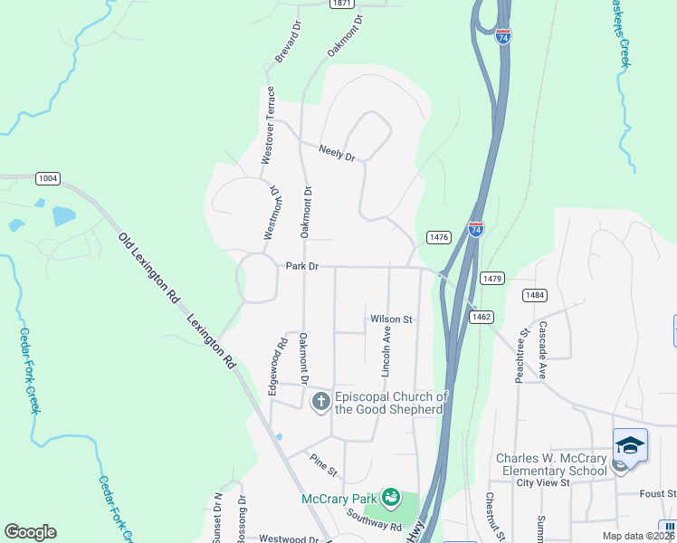 map of restaurants, bars, coffee shops, grocery stores, and more near 1146 Park Drive in Asheboro