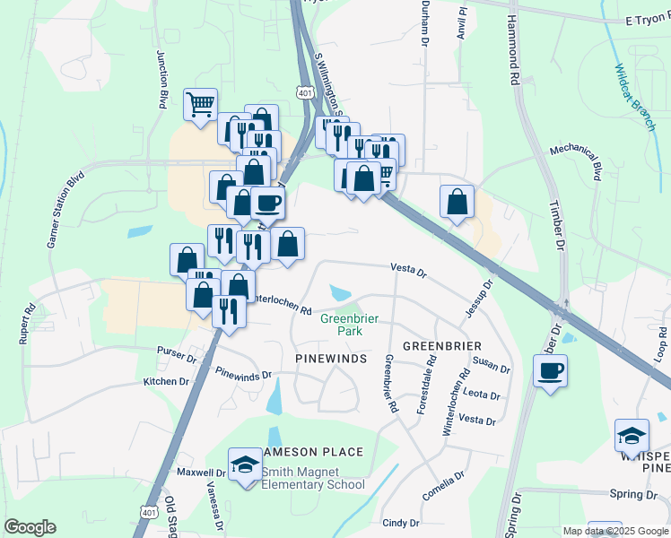 map of restaurants, bars, coffee shops, grocery stores, and more near 3929 Vesta Drive in Raleigh