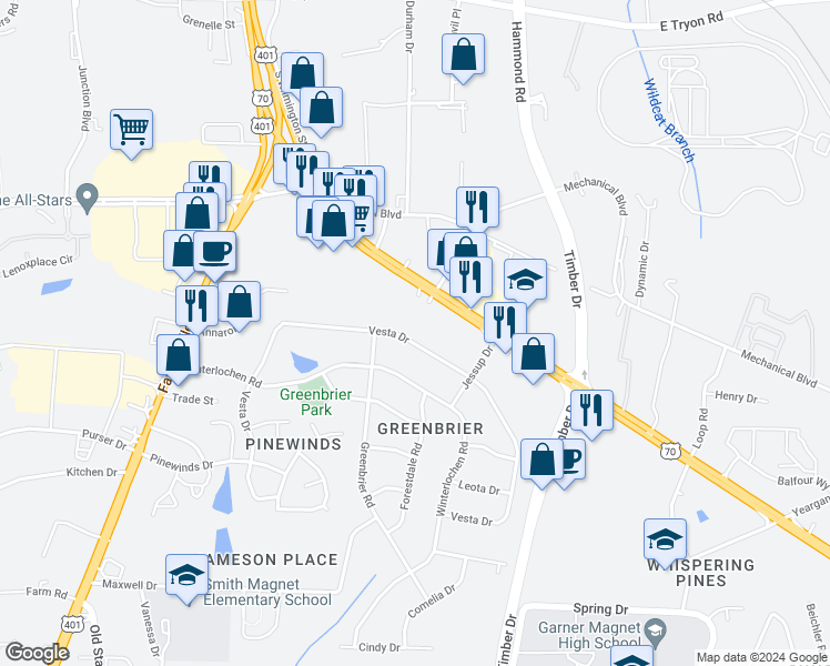 map of restaurants, bars, coffee shops, grocery stores, and more near 3828 Vesta Drive in Raleigh