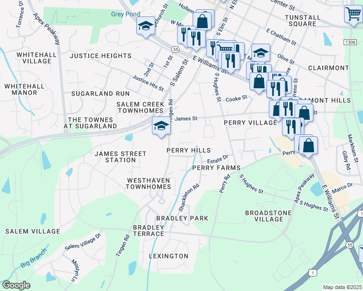 map of restaurants, bars, coffee shops, grocery stores, and more near 109 Glaston Court in Apex