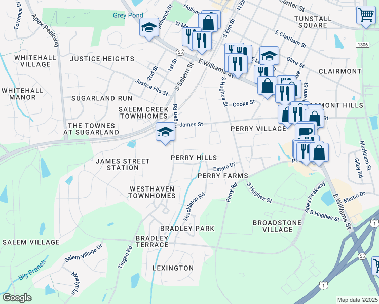 map of restaurants, bars, coffee shops, grocery stores, and more near 308 Glaston Court in Apex