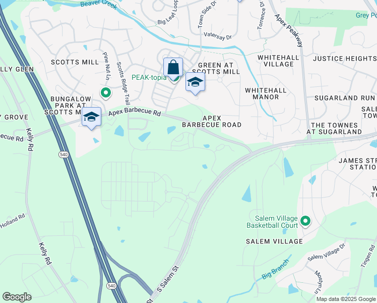 map of restaurants, bars, coffee shops, grocery stores, and more near 6401 Apex Barbecue Road in Apex