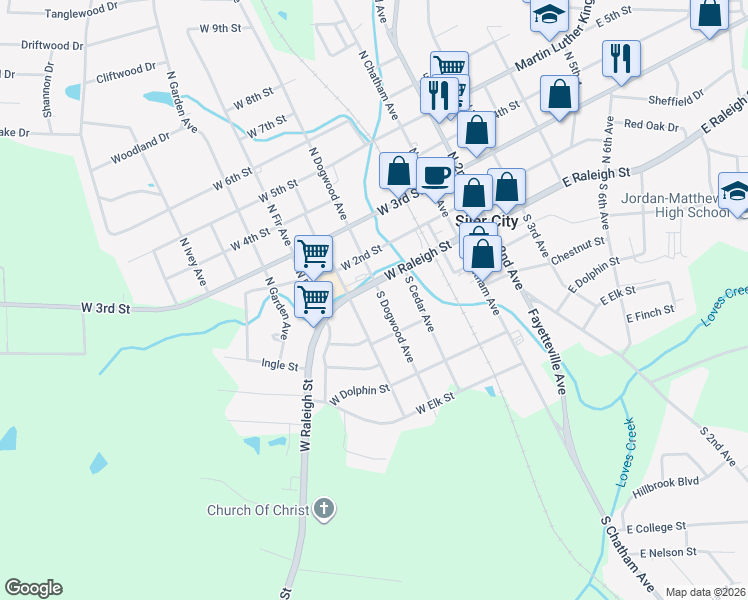 map of restaurants, bars, coffee shops, grocery stores, and more near 104 South Dogwood Avenue in Siler City