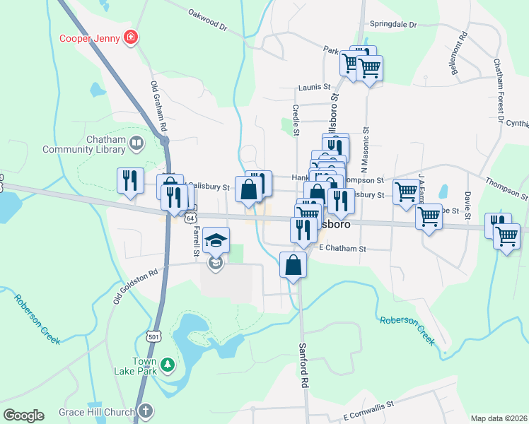 map of restaurants, bars, coffee shops, grocery stores, and more near 192 West Street in Pittsboro