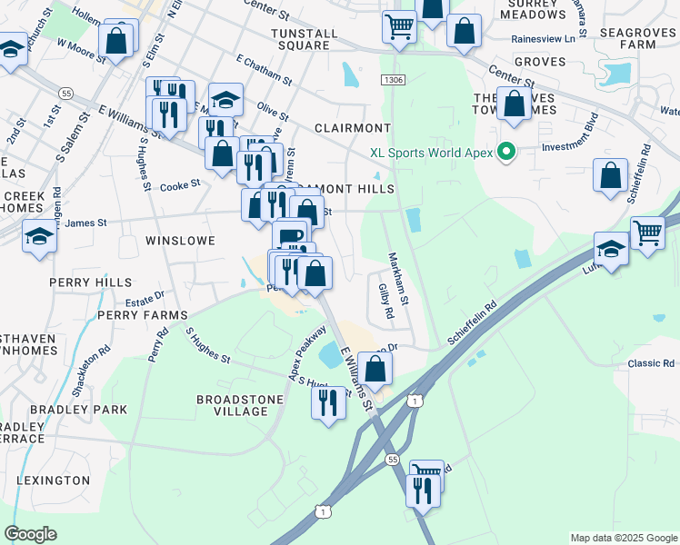 map of restaurants, bars, coffee shops, grocery stores, and more near 772 Treviso Lane in Apex