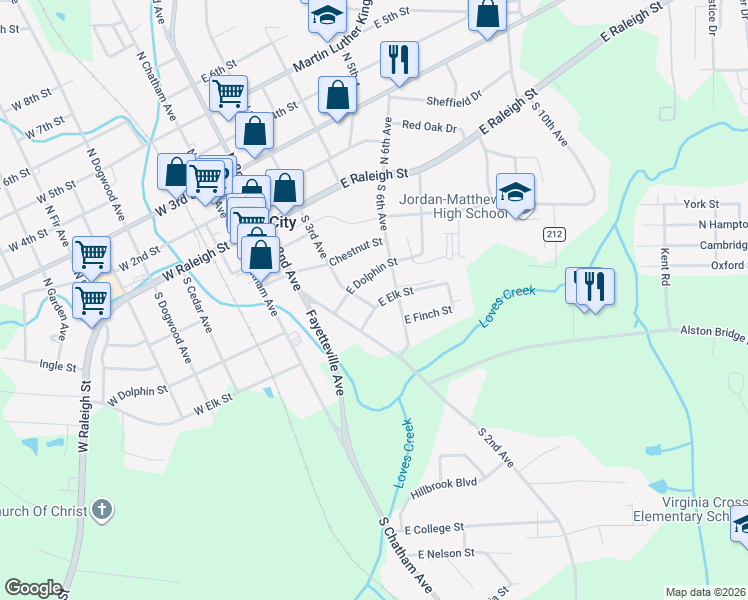 map of restaurants, bars, coffee shops, grocery stores, and more near 309 South 3rd Avenue in Siler City