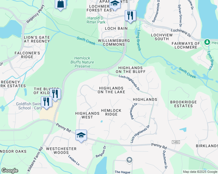 map of restaurants, bars, coffee shops, grocery stores, and more near 111 Highlands Lake Drive in Cary