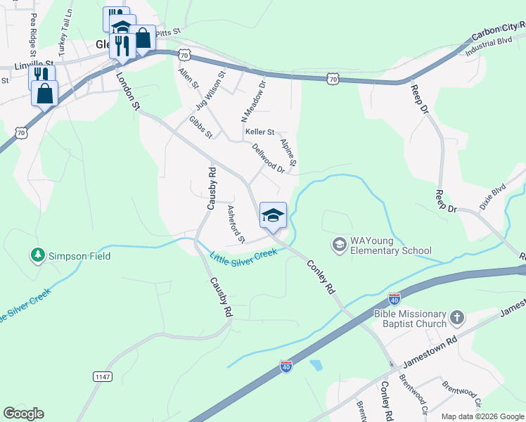 map of restaurants, bars, coffee shops, grocery stores, and more near 1945 Conley Bumgarner in Glen Alpine