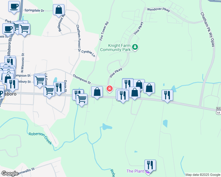 map of restaurants, bars, coffee shops, grocery stores, and more near 858 Thompson Street in Pittsboro