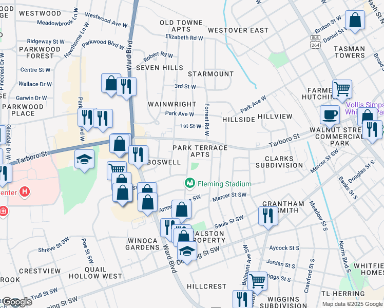 map of restaurants, bars, coffee shops, grocery stores, and more near 113 Stadium Street Southwest in Wilson