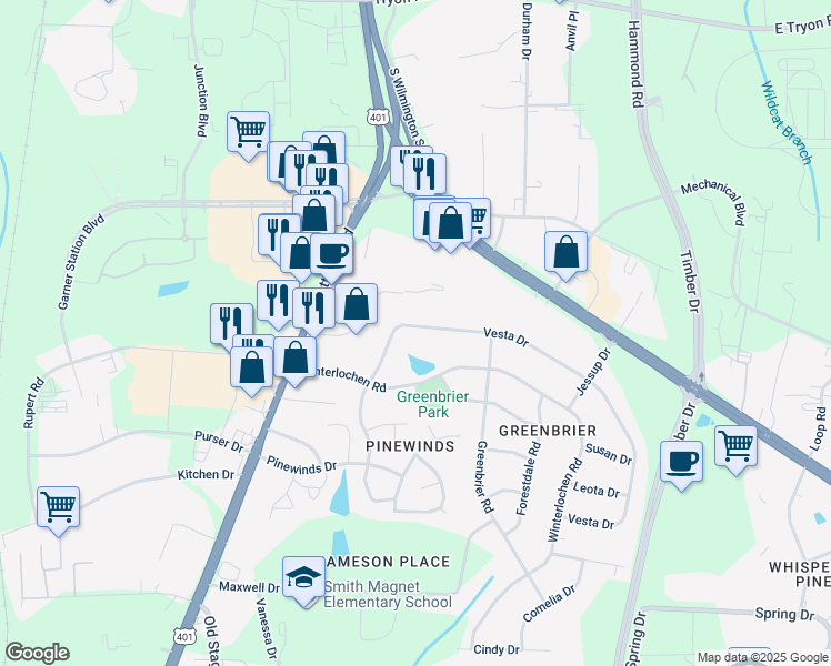 map of restaurants, bars, coffee shops, grocery stores, and more near 3929 Vesta Drive in Raleigh