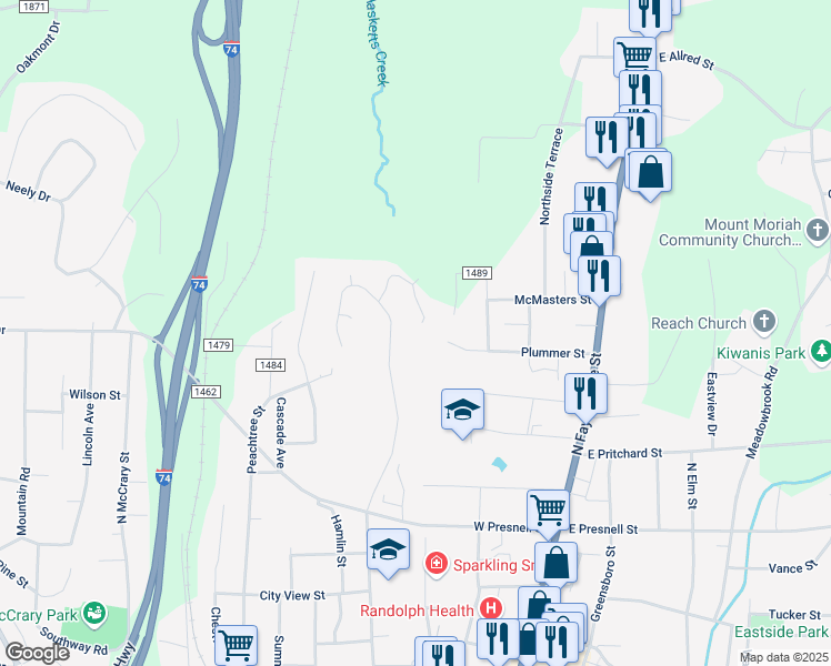 map of restaurants, bars, coffee shops, grocery stores, and more near 900 Tamworth Road in Asheboro