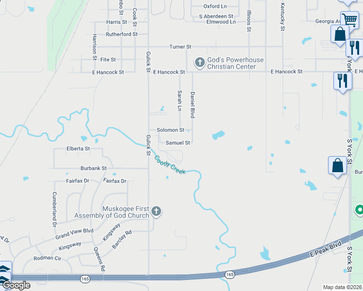map of restaurants, bars, coffee shops, grocery stores, and more near 1401 Samuel Drive in Muskogee