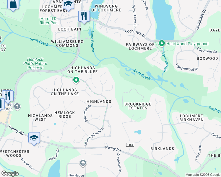 map of restaurants, bars, coffee shops, grocery stores, and more near 114 Gray Mares Lane in Cary