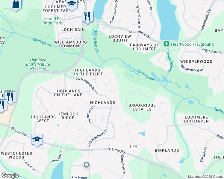 map of restaurants, bars, coffee shops, grocery stores, and more near 105 Gray Mares Lane in Cary
