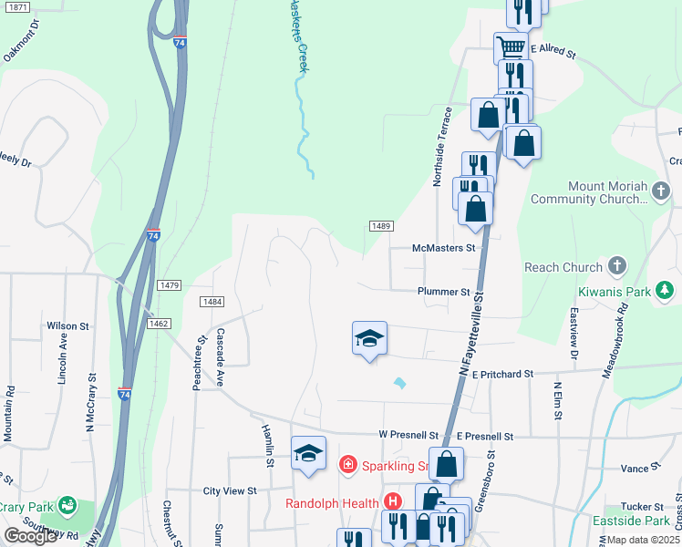 map of restaurants, bars, coffee shops, grocery stores, and more near 900 Tamworth Road in Asheboro