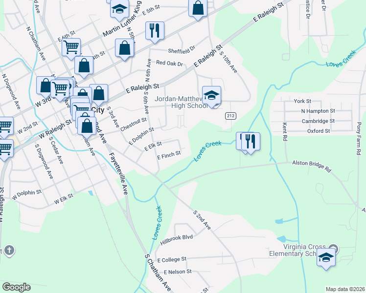 map of restaurants, bars, coffee shops, grocery stores, and more near 509 Elk Lane in Siler City