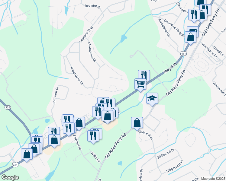 map of restaurants, bars, coffee shops, grocery stores, and more near 215 Royal Oaks Drive in Maryville