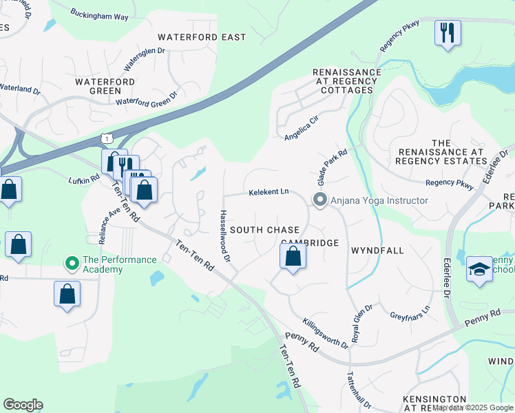 map of restaurants, bars, coffee shops, grocery stores, and more near 212 Asbill Court in Cary