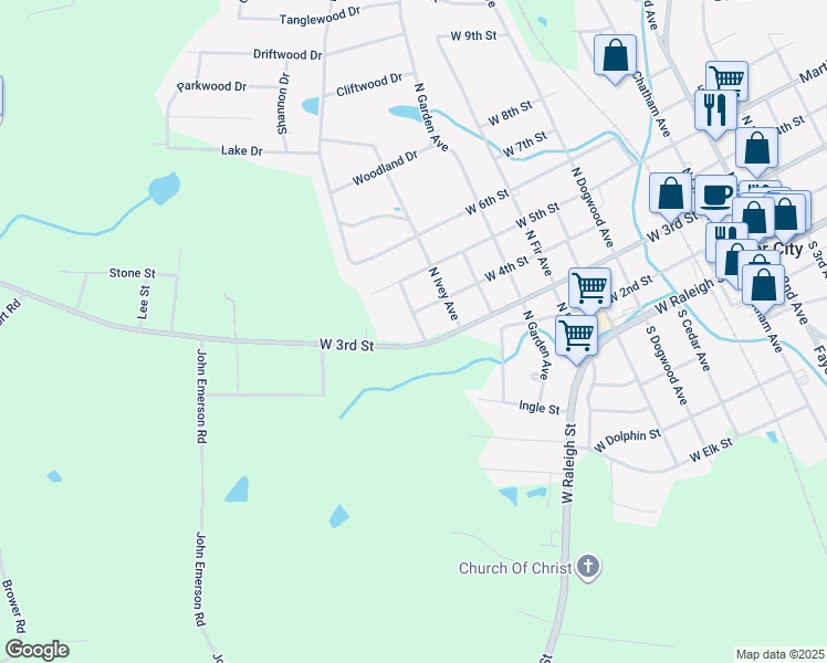 map of restaurants, bars, coffee shops, grocery stores, and more near 1102 West 3rd Street in Siler City