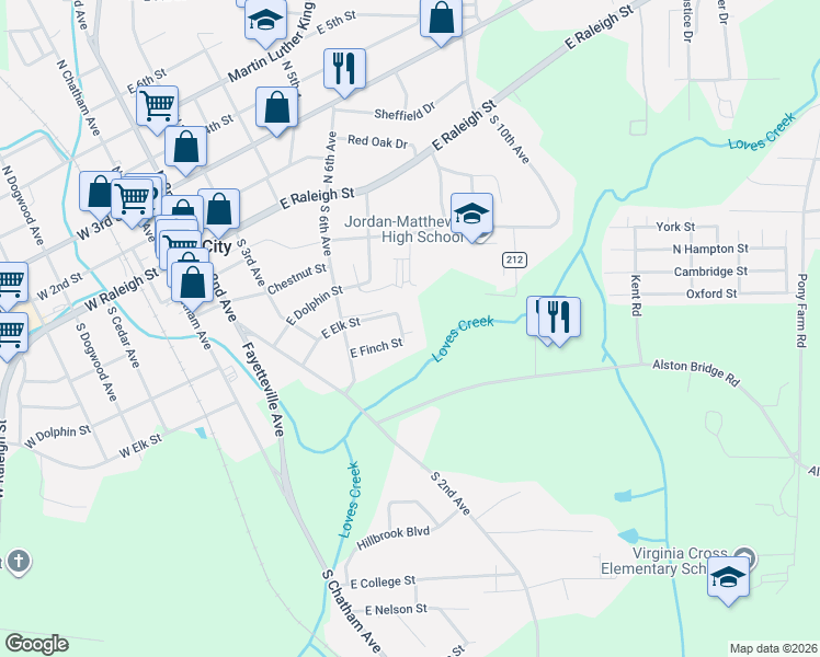 map of restaurants, bars, coffee shops, grocery stores, and more near 509 Elk Lane in Siler City