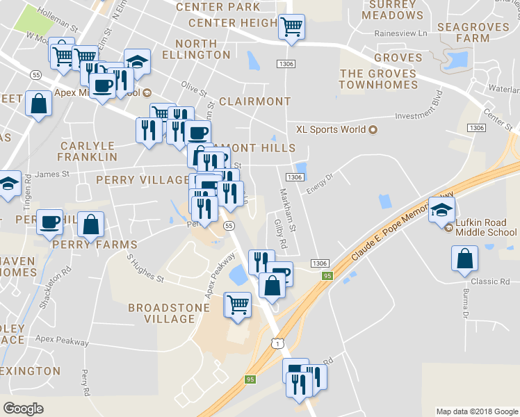 map of restaurants, bars, coffee shops, grocery stores, and more near 671 Briarcliff Street in Apex