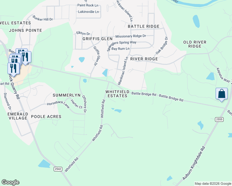 map of restaurants, bars, coffee shops, grocery stores, and more near 4141 Mackinac Island Lane in Raleigh