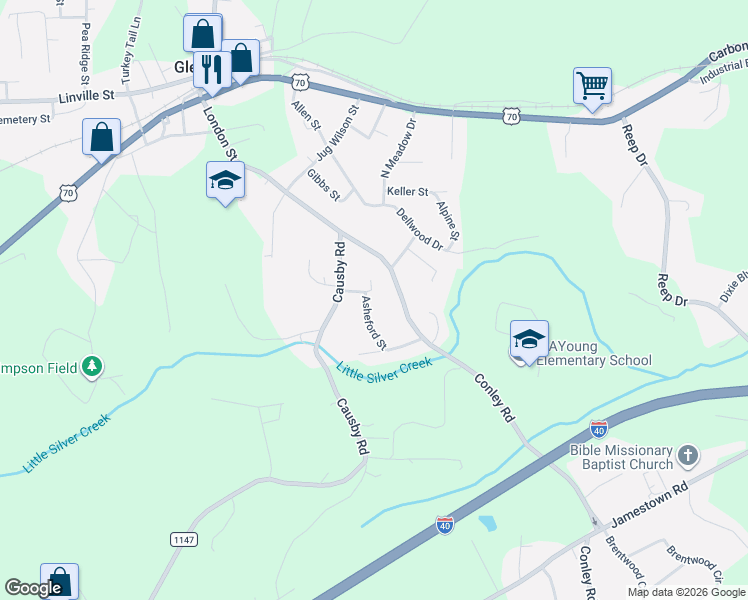 map of restaurants, bars, coffee shops, grocery stores, and more near 103 Hamp Street in Morganton