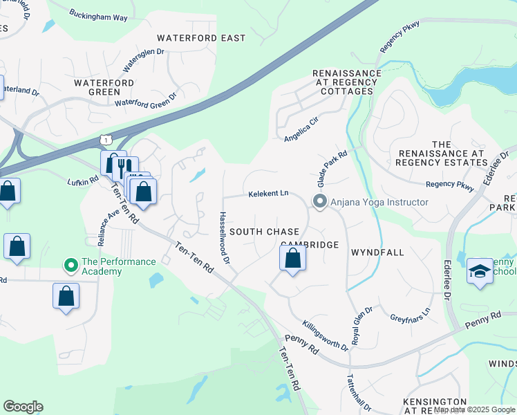map of restaurants, bars, coffee shops, grocery stores, and more near 212 Asbill Court in Cary