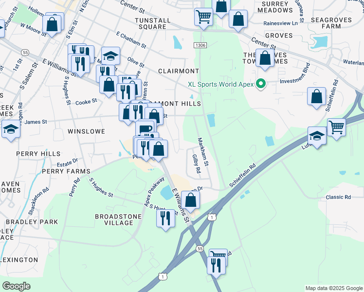 map of restaurants, bars, coffee shops, grocery stores, and more near 671 Briarcliff Street in Apex