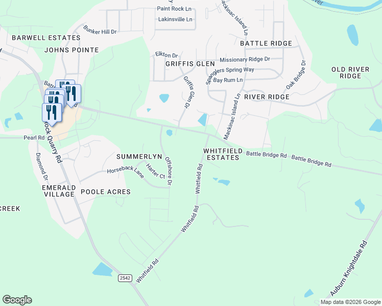 map of restaurants, bars, coffee shops, grocery stores, and more near 6916 Battle Bridge Road in Raleigh