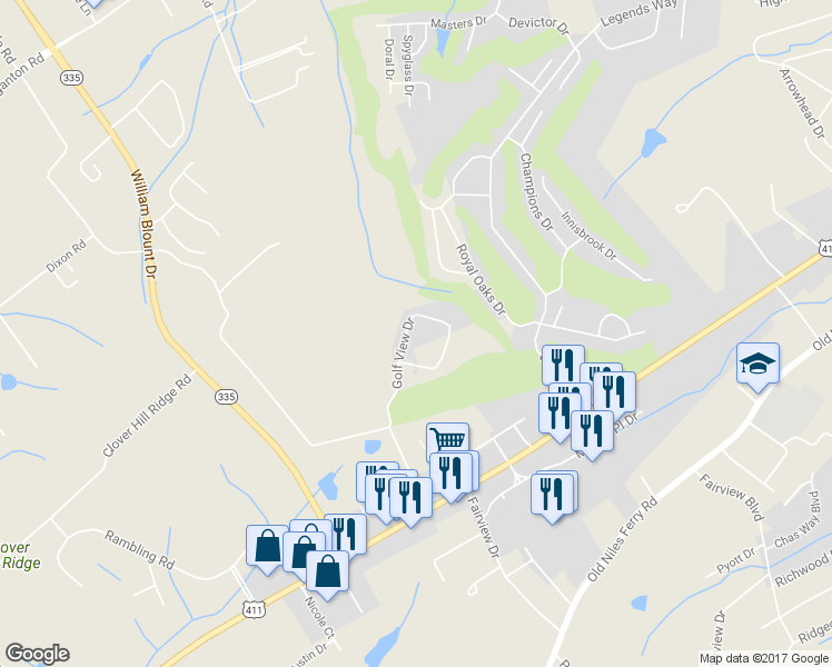 map of restaurants, bars, coffee shops, grocery stores, and more near 410 Golf View Drive in Maryville