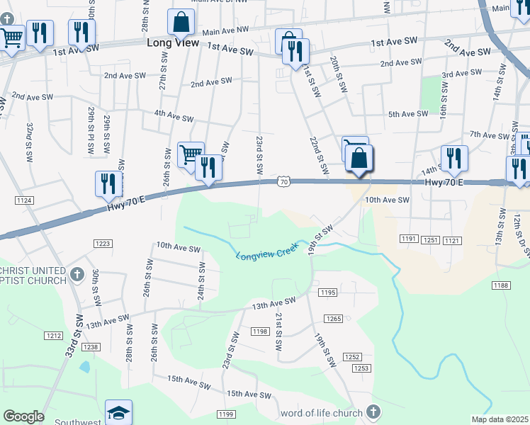 map of restaurants, bars, coffee shops, grocery stores, and more near 935 23rd Street Southwest in Hickory