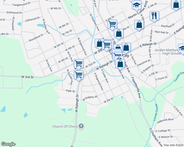 map of restaurants, bars, coffee shops, grocery stores, and more near 104 S Dogwood Ave in Siler City