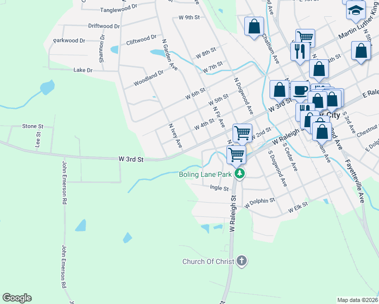 map of restaurants, bars, coffee shops, grocery stores, and more near 801 West 3rd Street in Siler City