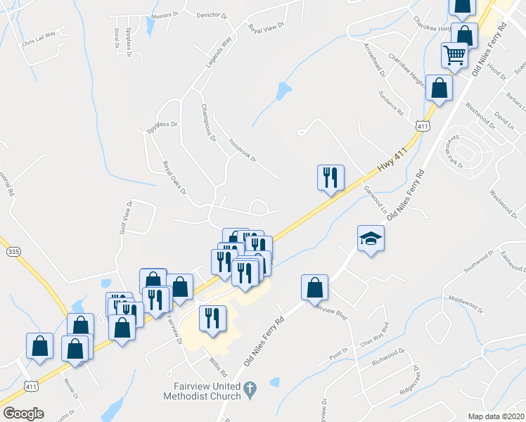 map of restaurants, bars, coffee shops, grocery stores, and more near 209 Royal Oaks Drive in Maryville
