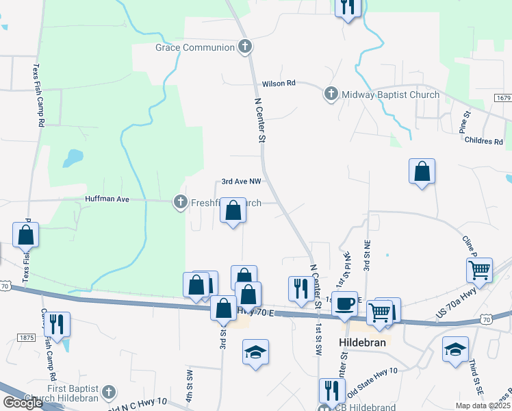 map of restaurants, bars, coffee shops, grocery stores, and more near 105 2nd Avenue Northwest in Hildebran
