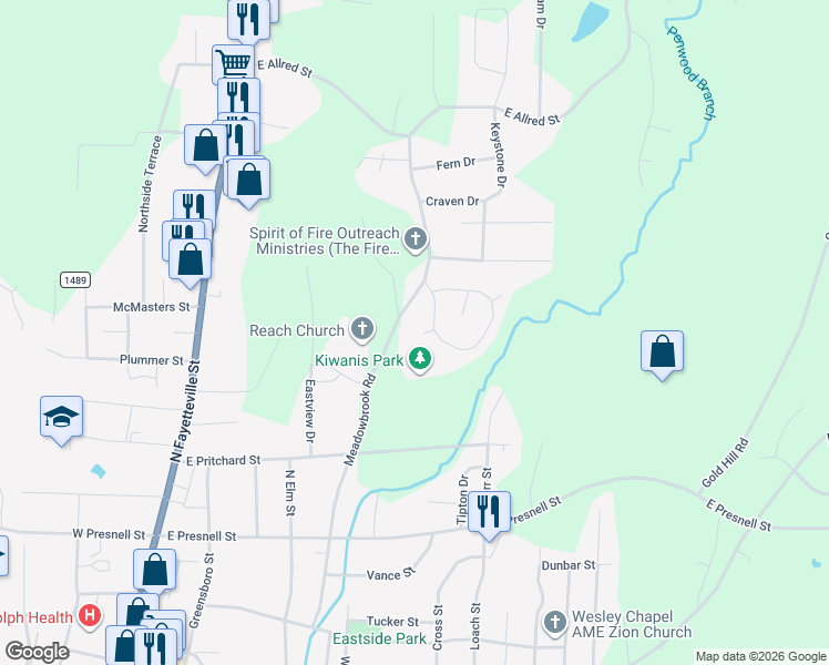 map of restaurants, bars, coffee shops, grocery stores, and more near 605 Brentwood Court in Asheboro