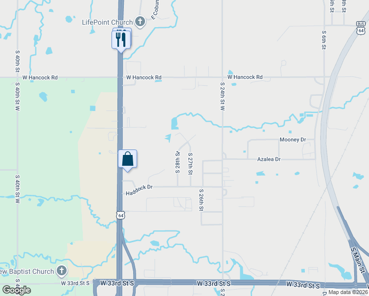 map of restaurants, bars, coffee shops, grocery stores, and more near 2704 South 28th Street in Muskogee