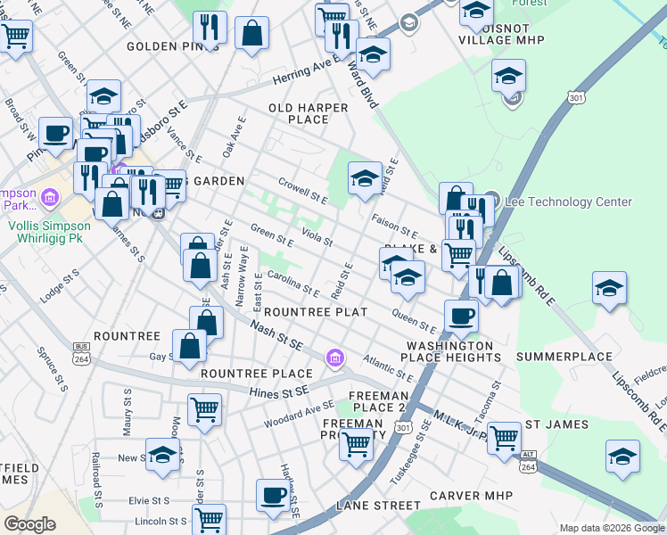 map of restaurants, bars, coffee shops, grocery stores, and more near 806 Green Street East in Wilson